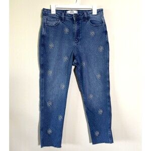 Hollister Curvy High Rise Mom Jean W30 L27 Blue Denim Floral Embroidered Vintage